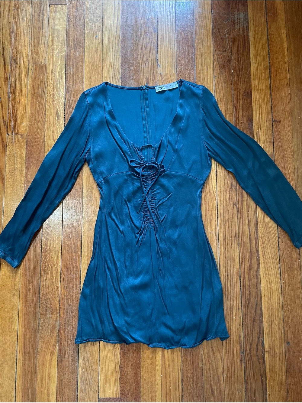 Zara Teal Satin Ruched V-Neck Long-Sleeve Tunic